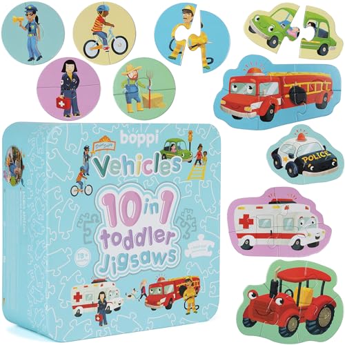 10 in 1 Progressive Jigsaw Puzzles for Toddlers 18 Months and Up - Vehicles Puzzles for Toddlers/Child Development Toys/Montessori Toys - Car Puzzles by boppi Made With 100% Recycled Card