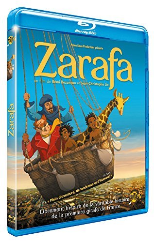 Zarafa DVD cover: hot air balloon with giraffe, children, and a man.