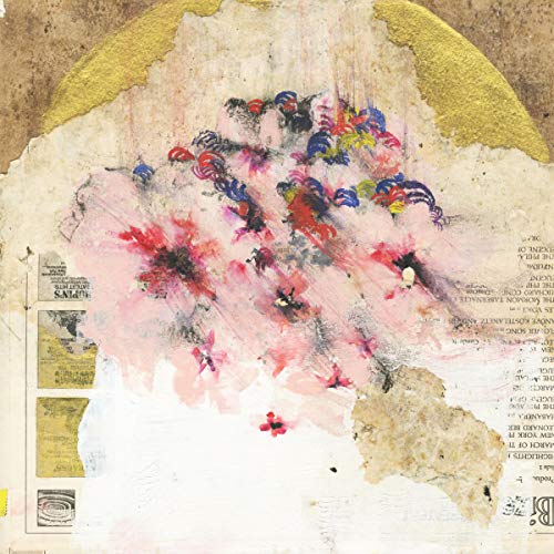 Abstract painting with pink and red floral shapes on a textured, aged background.
