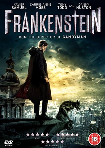 DVD cover for "Frankenstein" showing a man in a black cloak standing on a gargoyle.