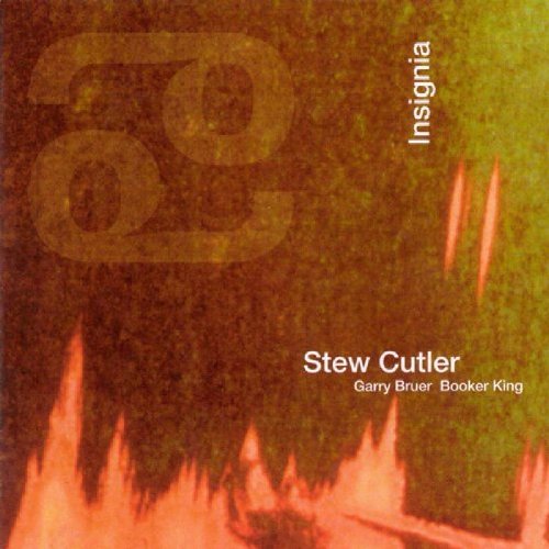 "Album cover with abstract orange and green background, featuring artist names and title 'Insignia'."