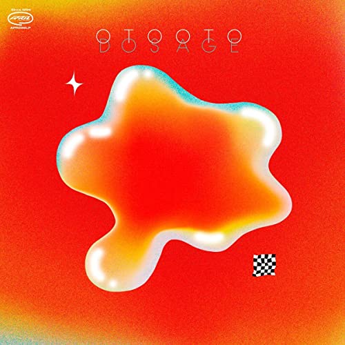 Vinyl record cover with abstract orange blob and checkered flag.