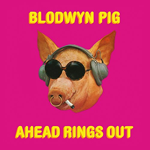 A pig's head wearing headphones, sunglasses, and smoking, on a pink album cover.