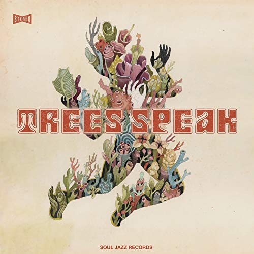 Vinyl record cover: colorful, abstract tree and human form illustration.