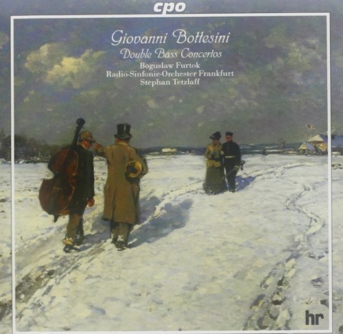 "CD cover with winter scene painting, man carrying double bass, surrounded by snow."