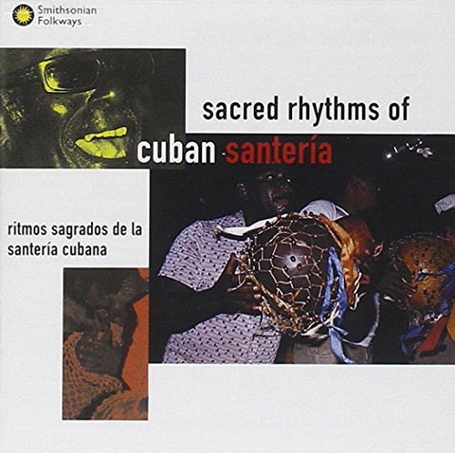 "Sacred Rhythms of Cuban Santería" CD cover with images of a drum and masked face.