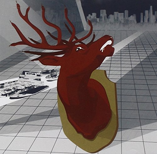 Red deer head mounted on a shield, city skyline background.