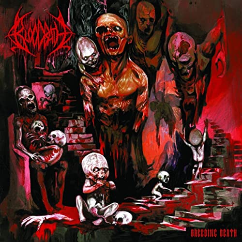 Dark, grotesque figures on stairs in a red and black album cover.