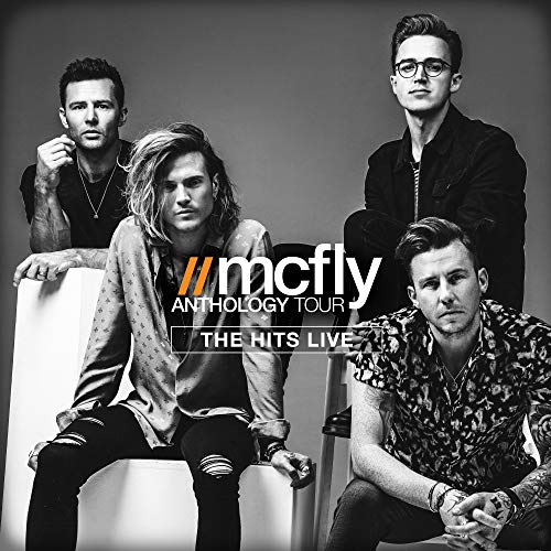 Black and white photo of the band McFly with tour title overlay.