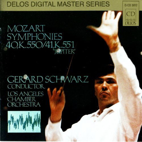 CD cover for Mozart symphonies conducted by Gerard Schwarz, featuring a conductor’s portrait.