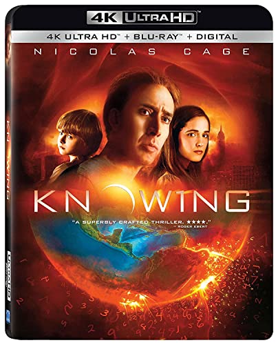 Knowing" Blu-ray cover featuring Nicolas Cage, a child, and a fiery Earth image.