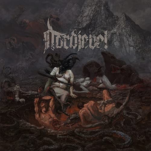 Dark album cover with demonic figures and a mountainous landscape.