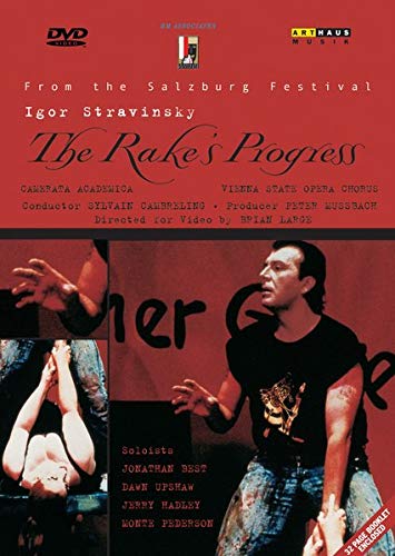 DVD cover for "The Rake's Progress" with red background and opera performers.