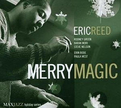 "Album cover with a man playing piano, titled 'Merry Magic' with snowflakes and names listed."
