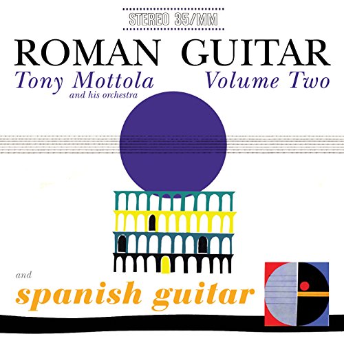 The image is a CD cover for Tony Mottola's music. Alt text: A white CD cover with colorful illustration of a Roman building.