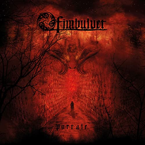 Red album cover with dark forest, winged figure, and lone person.