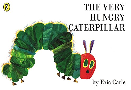 "The Very Hungry Caterpillar" children's book cover featuring a green caterpillar with a red head.
