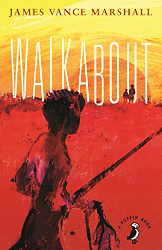 "Book cover with red-toned image of a boy holding a spear, Puffin logo."