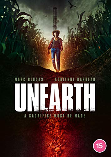 DVD cover for "Unearth" featuring a woman in a cornfield, skull imagery.