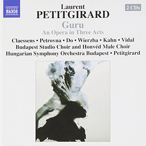 "Album cover with abstract black and white image and text listing 'Guru' opera details."