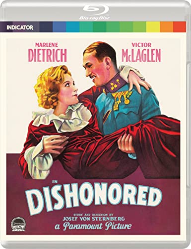 Blu-ray cover for "Dishonored" featuring Marlene Dietrich and Victor McLaglen.