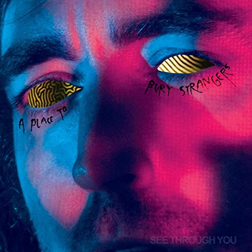Close-up of a face with striped eyes in vibrant blue and red tones.