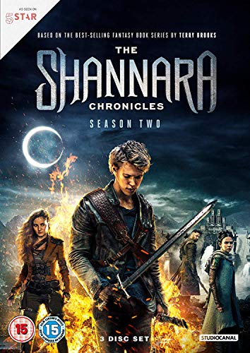 "The Shannara Chronicles Season 2" DVD cover featuring characters with swords amidst flames.