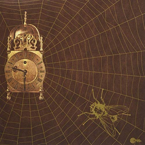 Golden clock and fly within a detailed, brown spiderweb illustration.