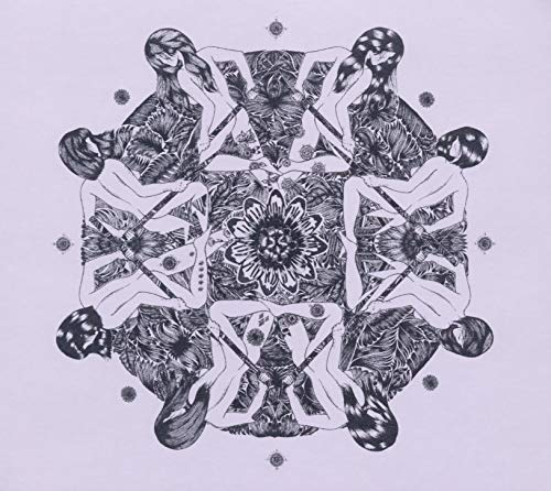 Black and white illustration of figures in a circular, floral pattern.