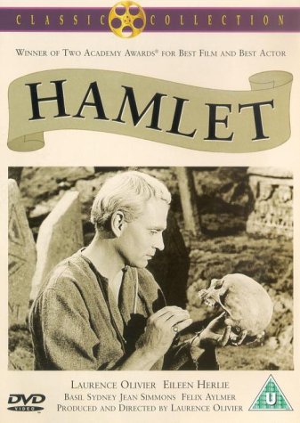 DVD cover for "Hamlet" featuring Laurence Olivier holding Yorick's skull in a sepia-toned image.