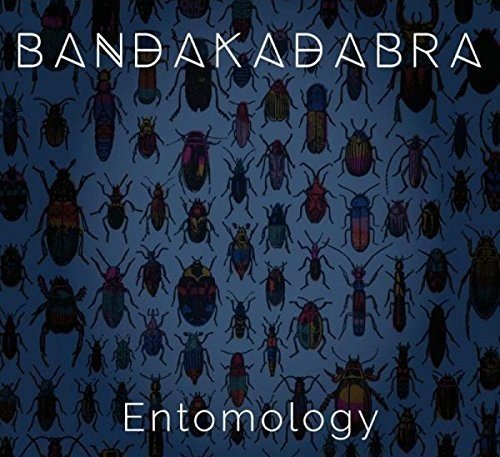 The image is a CD cover featuring a dark blue background with a pattern of various beetles. The alt text for this image could be: "CD cover with beetles on blue background, titled 'Bandakadabra Entomology'."