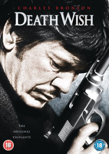 Charles Bronson on "Death Wish" DVD cover, holding a handgun.