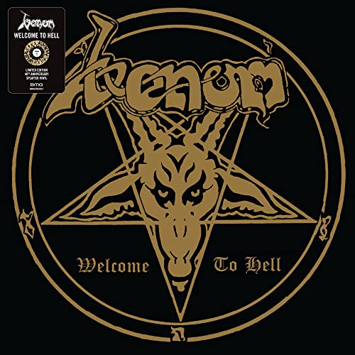 Gold goat head inside a pentagram on a black background with Venom text.