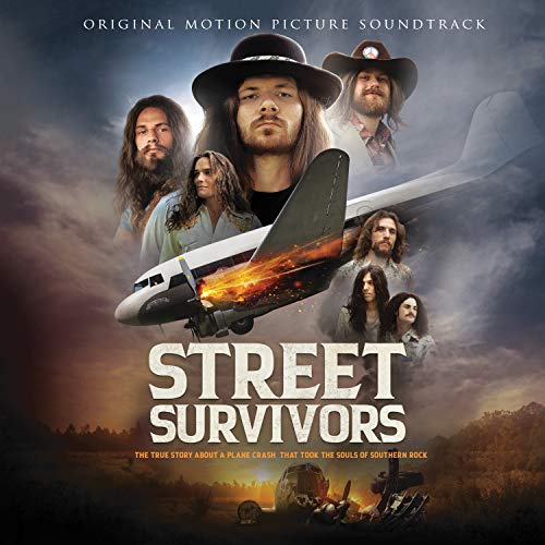 “Street Survivors” album cover featuring musicians, a plane, and fiery wreckage.