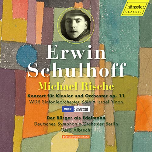 CD cover for Erwin Schulhoff's piano concerto with portrait and abstract art.