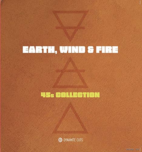 "Brown vinyl record cover with 'Earth, Wind & Fire 45s Collection' text and triangle designs."