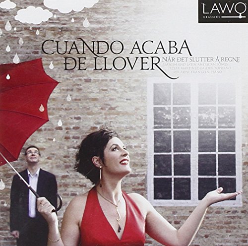 Woman in red dress holding red umbrella, man in suit behind her, brick wall background.