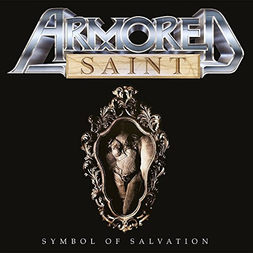 "Album cover with 'Armored Saint' in silver, ornate mirror, and 'Symbol of Salvation' text."