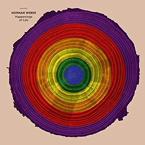 Vinyl record cover with concentric rings of rainbow colors and text.