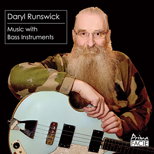 Daryl Runswick portrait with a light blue bass guitar, CD cover.