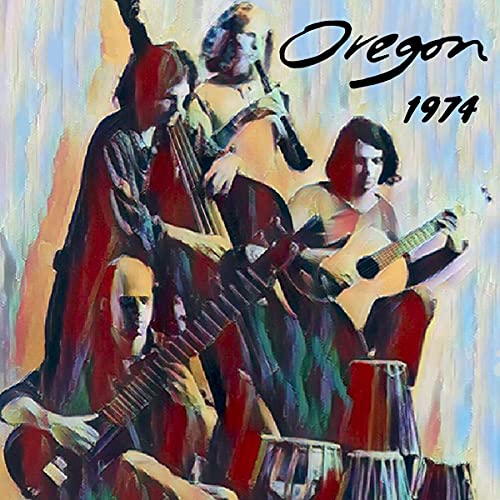 Painted album cover for Oregon's 1974 CD, featuring musicians with instruments.