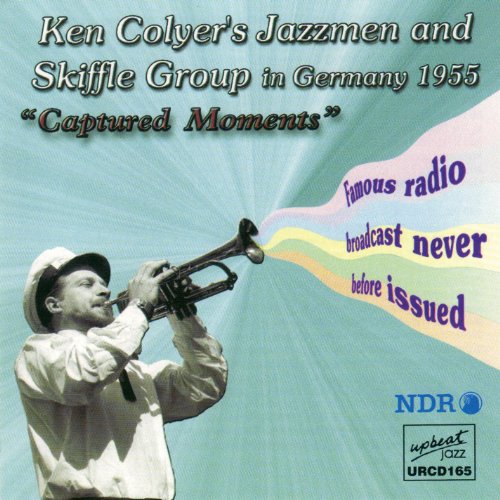 "Jazz album cover with man playing trumpet, turquoise background, and colorful text overlay."