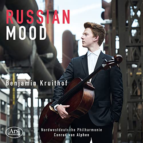 CD cover: Young cellist Benjamin Kruithof in front of industrial structures.
