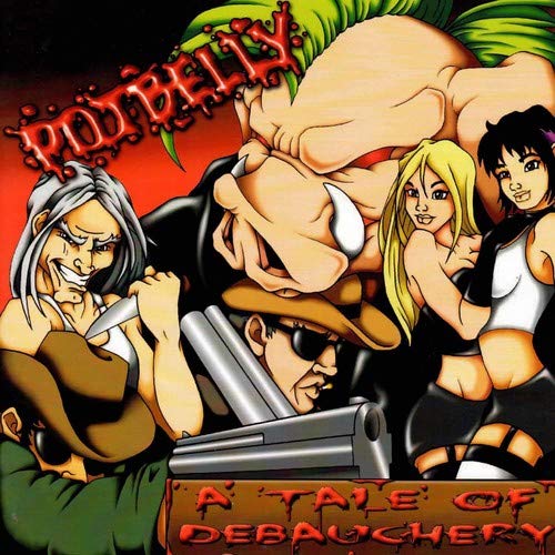 "Album cover art featuring cartoon characters, with red text and a red background gradient."
