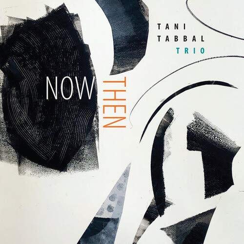 "Tani Tabbal Trio - Now Then" CD cover with abstract black and white design.