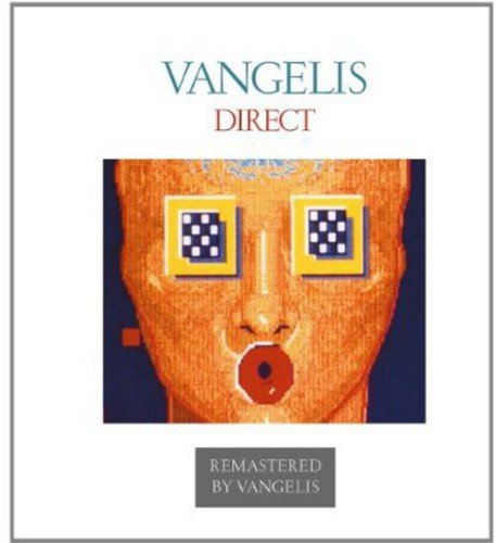 "Vangelis Direct CD cover featuring an abstract face with checkered eyes on a white background."