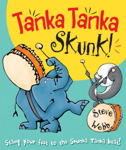 "Children's book cover featuring a blue elephant and a skunk playing drums together."