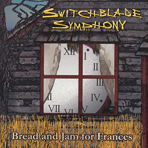 Vinyl record cover: illustrated house with clocks, wheat field below.