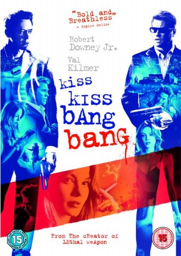 "Kiss Kiss Bang Bang" DVD cover featuring actors and title in blue and red.