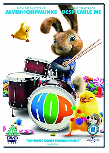 Hop" DVD cover featuring a rabbit drummer and a yellow chick.